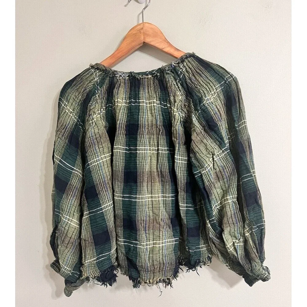 Free People Plaid Tunic Top Oversize Raw Hem Pullover Green Cloudbreaker XS - Picture 7 of 9